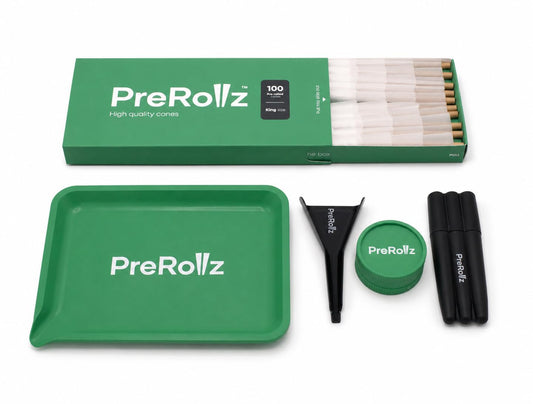 PreRollz Starter Bundle – 100 King Size Cones + Grinder, Filling Tray, Funnel & Cone Holder